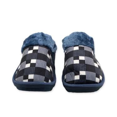 Imagem de Pantufa Masculina Xadrez Azul, Poliéster, Antiderrapante, 40/41, 26cm x 10.3cm, 330g