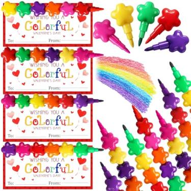 Imagem de Noveread 24 Valentines Cards and Stacking Crayons 24 Pcs 12 Colors Star Buildable Crayons 24 Pcs Valentines Greeting Cards for Prizes Gift Goodie Bag Fillers Party Supplies
