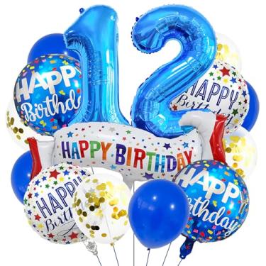 Imagem de Balões azuis com número 12. Balões de alumínio grandes de aniversário azul escuro, balões coloridos de 12 anos para decoração de festa de aniversário de 12 anos para meninos de 12 anos (azul 12)