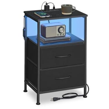 Imagem de SONGMICS Coleção Bellah – Mesa de cabeceira com estação de carregamento e luzes de LED ajustáveis controladas por aplicativo, mesa lateral para cama, 2 gavetas e 1 prateleira aberta, quarto, tinta