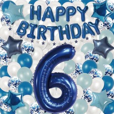 Imagem de BALLOON TOWN Blue Birthday Balloon Set for Boys & Girls – 80PCS Party Decorations with Number “6” Balloon, Blue & White Balloons, Confetti, Star Foils, Ribbon, Balloon Strip & HAPPY BIRTHDAY Banner