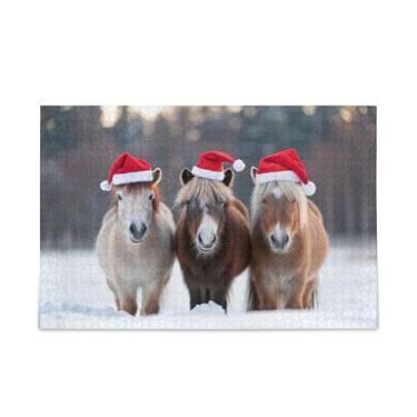 Imagem de Qilmy Quebra-cabeça de cavalos com chapéus de Papai Noel para adultos, adolescentes e crianças, 1000 peças de madeira divertido jogo familiar para presente de Natal decoração de casa