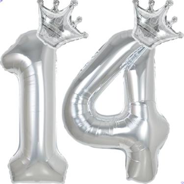Imagem de 14 balões com números de 101,6 cm prata para decorações de aniversário de 14 anos para meninas e meninos, balões gigantes jumbo de 14 anos de Mylar