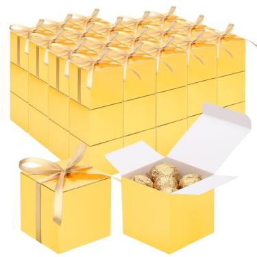 Imagem de EUSOAR Caixas de doces, lembrancinhas de festa, 60 peças, 7,5 x 7,6 cm, caixa de presente dourada pequena com fita, caixa de presente de agradecimento em cubo, recipiente de mini muffins macaron para