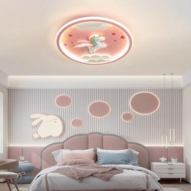Imagem de Lustre de teto LED rosa para interiores, moderno e regulável, com formato de unicórnio. Ideal para sala de estar, quarto, corredor e quarto infantil. Iluminação de teto redonda.