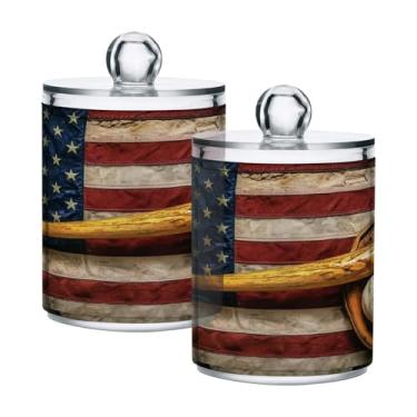 Imagem de Qilmy Suporte vintage de beisebol com bandeira americana, pacote com 2, frascos de boticário de 400 ml, vasilha organizadora de banheiro para cotonetes, bolas de algodão, almofadas de maquiagem, fio