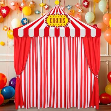 Imagem de Tingjoo 4 peças de decoração de festa de circo de carnaval, pano de fundo listrado vermelho e branco, cortinas de poliéster para decoração de circo de carnaval, fundo fotográfico de festa de