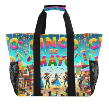 Imagem de ODAWA Bolsa de compras feminina impermeável à prova de areia resistente à água Cinco de Mayo Mexico Bolsa de praia resistente à água, Cinco De Mayo Mexico, One Size