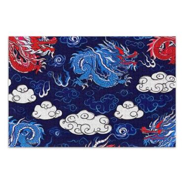 Imagem de Quebra-cabeça 500 peças presentes para adultos jogo elefante branco quebra-cabeça duro para adultos pintura animal decoração tradicional dragões asiáticos vermelho azul, 51 x 37 centímetros