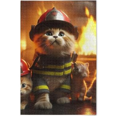Imagem de Quebra-cabeça de gato engraçado bombeiro personalizado para adultos 1000 peças amigos engraçados família jogos presentes cena quebra-cabeças coloridos cenário arte floral, 75 cm x 50 cm