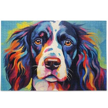 Imagem de Quebra-cabeça de cachorro spaniel colorido para adultos 1000 peças arte colorida animal cena inverno quebra-cabeça personalizado engraçado, 75 cm x 50 cm