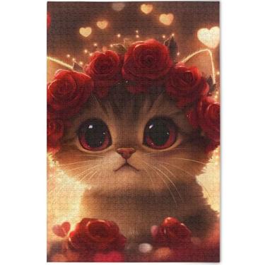 Imagem de Coroa de flores de gato fofas personalizadas quebra-cabeça engraçado adulto 500 peças quebra-cabeça engraçado legal grande decoração de arte animal, 52 cm x 37,8 cm