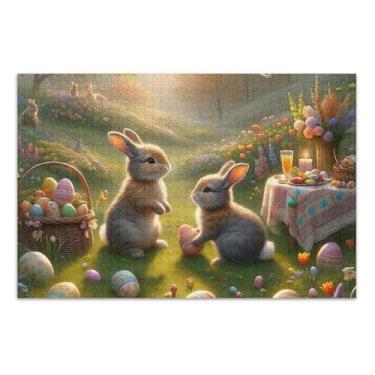 Imagem de Quebra-cabeça 1000 peças para adultos, coelhinho da Páscoa, prado, ovos, pintura de arte animal, quebra-cabeça exclusivo para adultos, presentes para jogo de elefante branco, 75 x 40 cm