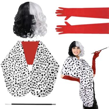 Imagem de MZfowsen Fantasia de Cruela de Halloween para mulheres, xale dálmata, peruca preta e branca, luvas vermelhas dos anos 20, fantasia de Deville para cosplay, Preto/branco/vermelho, G