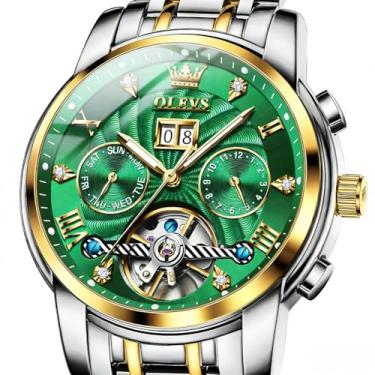 Imagem de OLEVS Relógios masculinos analógicos automáticos mecânicos masculinos luxuosos à prova d'água diamante relógio masculino casual de aço inoxidável turbilhão mostrador grande dia data relógio clássico