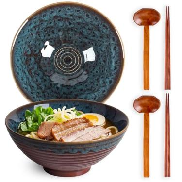 Imagem de Tacuhy Conjunto de 2 tigelas de ramen de cerâmica japonesa de 1,134 g com pauzinhos e colheres para macarrão de sopa asiática Pho Udon (cauda de pavão)