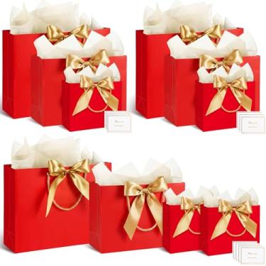 Imagem de Maitys Conjunto de 10 sacos de papel vermelho para presente de tamanhos variados com fita, cartão de felicitações (3 grandes 32 cm, 3 médios 28 cm, 4 pequenos 19 cm) sacos de presente de luxo para