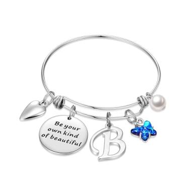 Imagem de Pulseiras com pingente inicial para mulheres joias presentes Be Your Own Kind of Beautiful Pulseira de borboleta expansível inspiradora de aço inoxidável letra A-Z presentes de aniversário e Natal