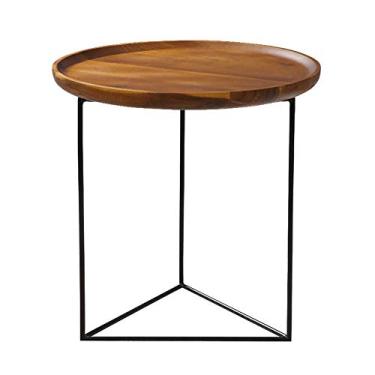 Imagem de Mesa lateral redonda para sala de estar, moldura de metal, tampo de mesa de madeira maciça: 50 cm x 50 cm x 51 cm