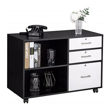 Imagem de U5GAAALPPQ9 Armário de arquivo de madeira com 3 gavetas e 2 prateleiras abertas, armário de armazenamento de escritório com suporte de impressora de roda