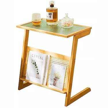 Imagem de Mesa de café pequena de bambu moderna compacta para pequenos espaços, mesa lateral estilo japonês de fazenda com mesa de vidro, mesa de cabeceira minimalista de sofá, para decoração de escritório em