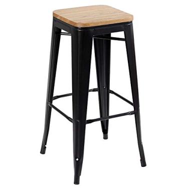 Imagem de Loft7, Banqueta alta Iron Tolix com assento de madeira rústica clara - Preto