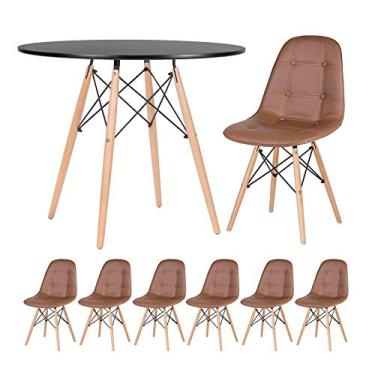 Imagem de Loft7, KIT - Mesa Eames 90 cm preto + 6 cadeiras Eames Botonê Marrom