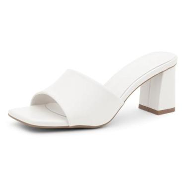 Imagem de Shoe Land Salto bloco feminino de 7,6 cm – bico aberto quadrado sem cadarço | Sandálias elegantes e casuais de salto grosso para festa, casamento, escritório | 2025 na moda, Branco, 35