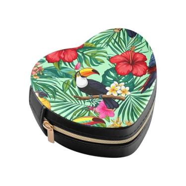 Imagem de Burbuja Caixa de joias tucanos em forma de coração de hibisco mini estojo de joias de viagem para mulheres e meninas, estojo portátil organizador de armazenamento para brincos, anéis, colares e