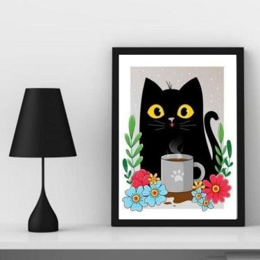 Imagem de Quadro Decorativo Gato Caneca Café 33x24cm Moldura Preta