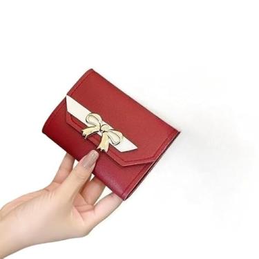 Imagem de Carteira feminina moderna, carteira pequena com laço fofo, porta-cartões estéticos, carteira feminina clássica com três dobras, porta-moedas minimalista, Vermelho