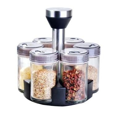 Imagem de Kit 6 Porta Tempero Condimento Vidro Suporte Giratório Inox luxo - POR