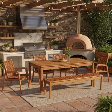 Imagem de Mesa de Jantar Com Banco de Madeira 180cm e 04 Cadeiras Trammare C07 Corda Ocre - Lyam Decor