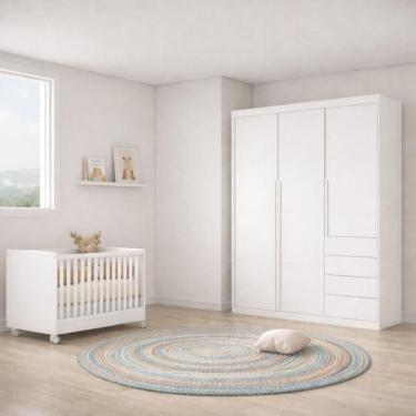 Imagem de Jogo de quarto Pérola com guarda roupa 3 portas e 4 gavetas + berço mini cama - Branco...