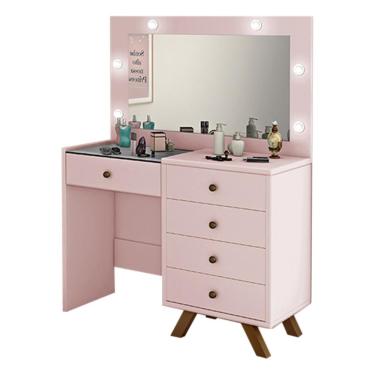 Imagem de Penteadeira Diana Rose G37 4 Gavetas com Porta Jóias Tampo de Vidro Espelho MDF Rosa Gran Belo