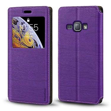 Imagem de Capa para Samsung Galaxy J1 6 Duos LTE, capa de couro de grão de madeira com suporte de cartão e janela, capa flip magnética para Samsung Galaxy J1 4G (4,5 polegadas) roxo