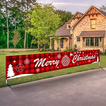 Imagem de KEAIDO Merry Christmas Banner Flag Outdoor – Decoração de Natal vermelha para pendurar, artigos de festa para varanda, cerca, garagem, jardim, quintal, foto, igreja, 3 x 0,5 m