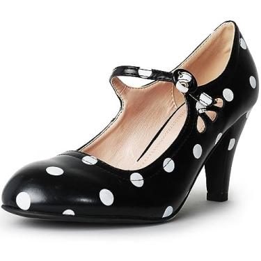 Imagem de J. Adams Pixie Heels para mulheres – Sapatos Mary Jane retrô com recorte em gota, Bolinhas pretas e brancas, 7.5