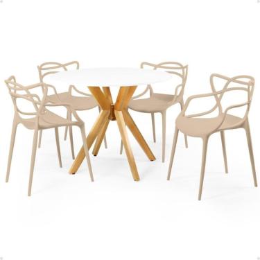Imagem de Conjunto Mesa de Jantar Redonda Marci Branca 100cm com 4 Cadeiras Allegra - Nude
