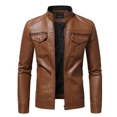 Imagem de Gear Coat Casacos casuais masculinos jaqueta de couro slim casaco casaco de manga comprida jaqueta com zíper gola alta jaqueta de bolso casaco masculino jaquetas nome (marrom, GG)