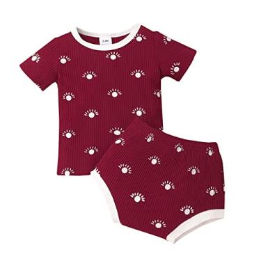 Imagem de Vestidos infantis para meninas tamanho 7-8 roupas infantis de sol para bebês meninos camisetas curtas lua estrela camiseta canelada (vermelho, 9-12 meses)
