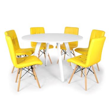 Imagem de Conjunto Mesa de Jantar Redonda Amanda Branca 120cm com 6 Cadeiras Eiffel Gomos - Amarelo