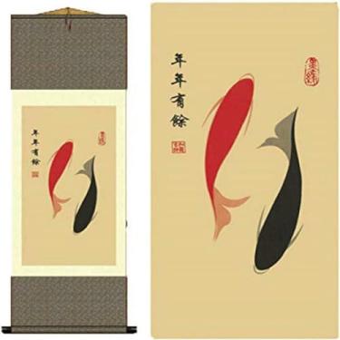Imagem de Jaxiuk Decoração de parede asiática bela pintura de rolo de seda flor - pintura a tinta peixe koi decoração oriental arte chinesa pintura de parede rolo de pintura de parede (91,9 x 30,5 cm)