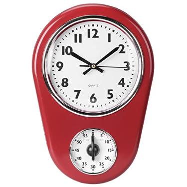 Imagem de YEmirth Relógio de parede retrô vermelho cozinha anos 50 design vintage redondo silencioso sem tique-taque elegante relógio pendurado grande relógio de quartzo de qualidade operado por bateria
