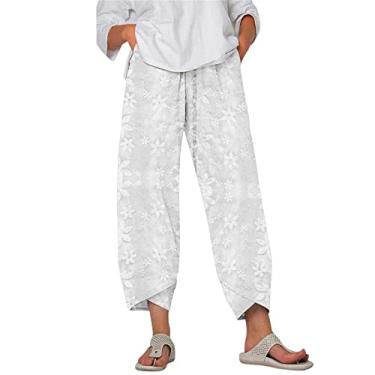 Imagem de Calça capri feminina de linho branca casual perna reta cintura elástica renda bordada afunilada calça cropped com bolso, Branco, P