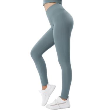 Imagem de FreXimo Calça legging feminina de ginástica de cintura alta sem costura canelada levanta bumbum fitness calça atlética para ioga, Azul chumbo, P