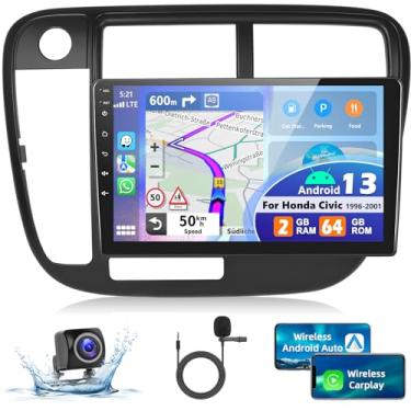 Imagem de Podofo Estéreo automotivo 2G + 64G para Honda Civic 1996-2001 com Carplay sem fio e Android Auto, rádio veicular com tela sensível ao toque de 22 cm com Bluetooth/GPS/WiFi/SWC/FM e RDS + câmera de