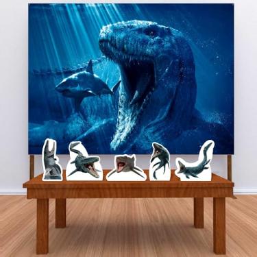 Imagem de Kit Decoração Festa de Aniversário Infantil Painel + Displays Megalodon Mosasaurus Jurassic