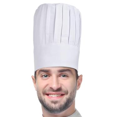Imagem de ESHATO Boné de cozinheiro alto, boné elástico ajustável de poli-algodão para cozinha para adultos, Branco-alto, 7 1/8-7 5/8