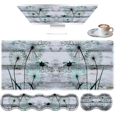 Imagem de Conjunto de mouse pad grande, tapete de mouse de mesa + almofada de pulso de teclado + tapete de pulso de mouse + porta-copos ergonômico, espuma de memória multifuncional, tapete de mesa - libélula